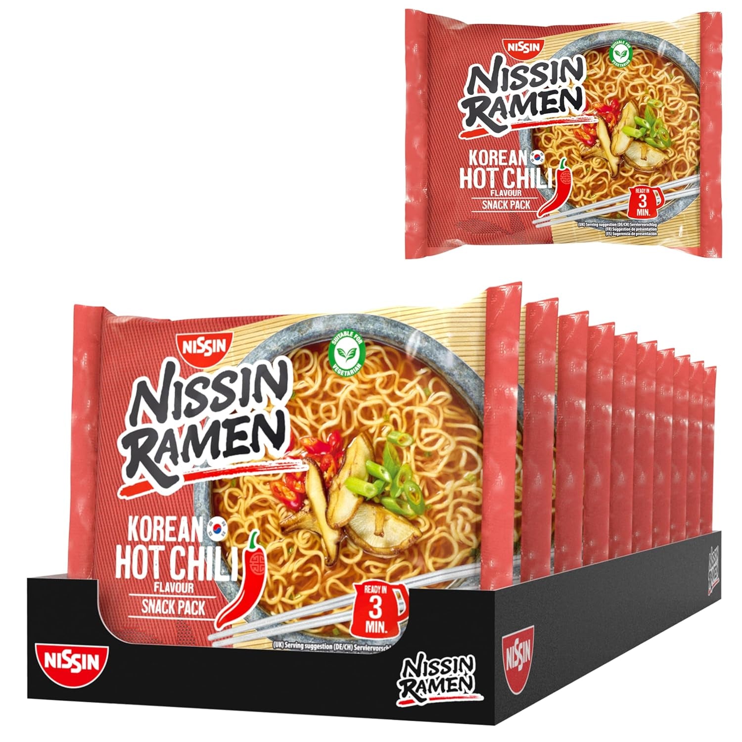 Nissin Ramen – Korean Spicy Chili, 10er-Pack Instant-Nudeln nach asiatischer Art, basierend auf einem koreanischen Rezept, schnell und einfach asiatisches Essen zuzubereiten (10 x 65,2 g)