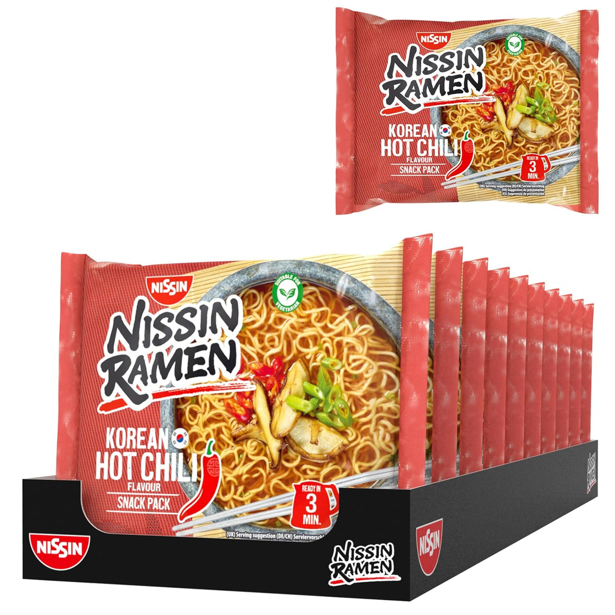 Nissin Ramen – Korean Spicy Chili, 10er-Pack Instant-Nudeln nach asiatischer Art, basierend auf einem koreanischen Rezept, schnell und einfach asiatisches Essen zuzubereiten (10 x 65,2 g)