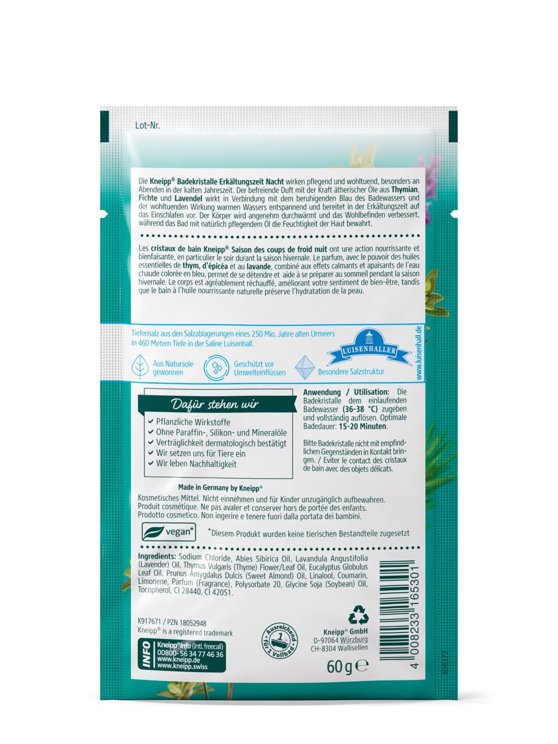 Kneipp-Naturbadesalz aus der Saline Luisenhall mit ätherischen Ölen aus Lavendel, Thymian und Fichte – entspannt einschlafen in der kalten Jahreszeit – 60 Gramm Dusche & Bad Naty Shop