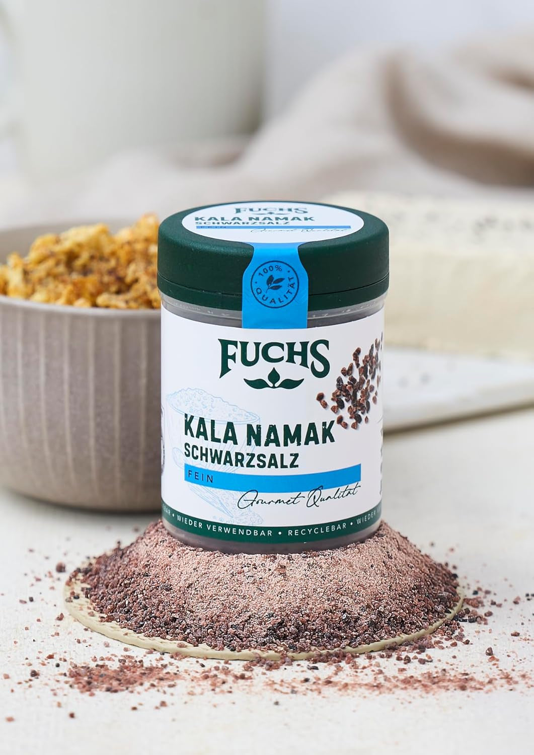 Fuchs Gewürze - Kala Namak - Schwarzsalz - Gewürzsalz für veganes Rührei - natürliche Zutaten - 100 g in wiederverwendbarer, recyclebarer Dose
