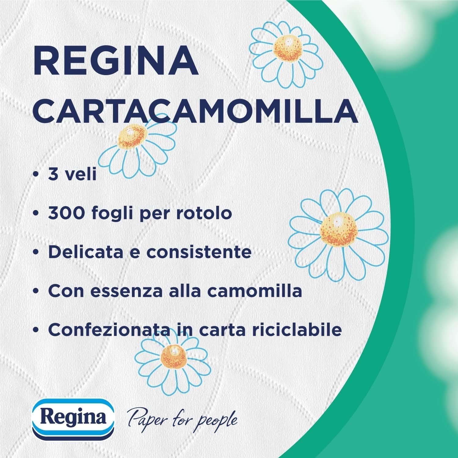 Regina Cartacamomilla - 8 role hârtie igienică, 300 foi pufoase, 3 straturi, moale și consistentă, ambalaj din hârtie reciclabilă