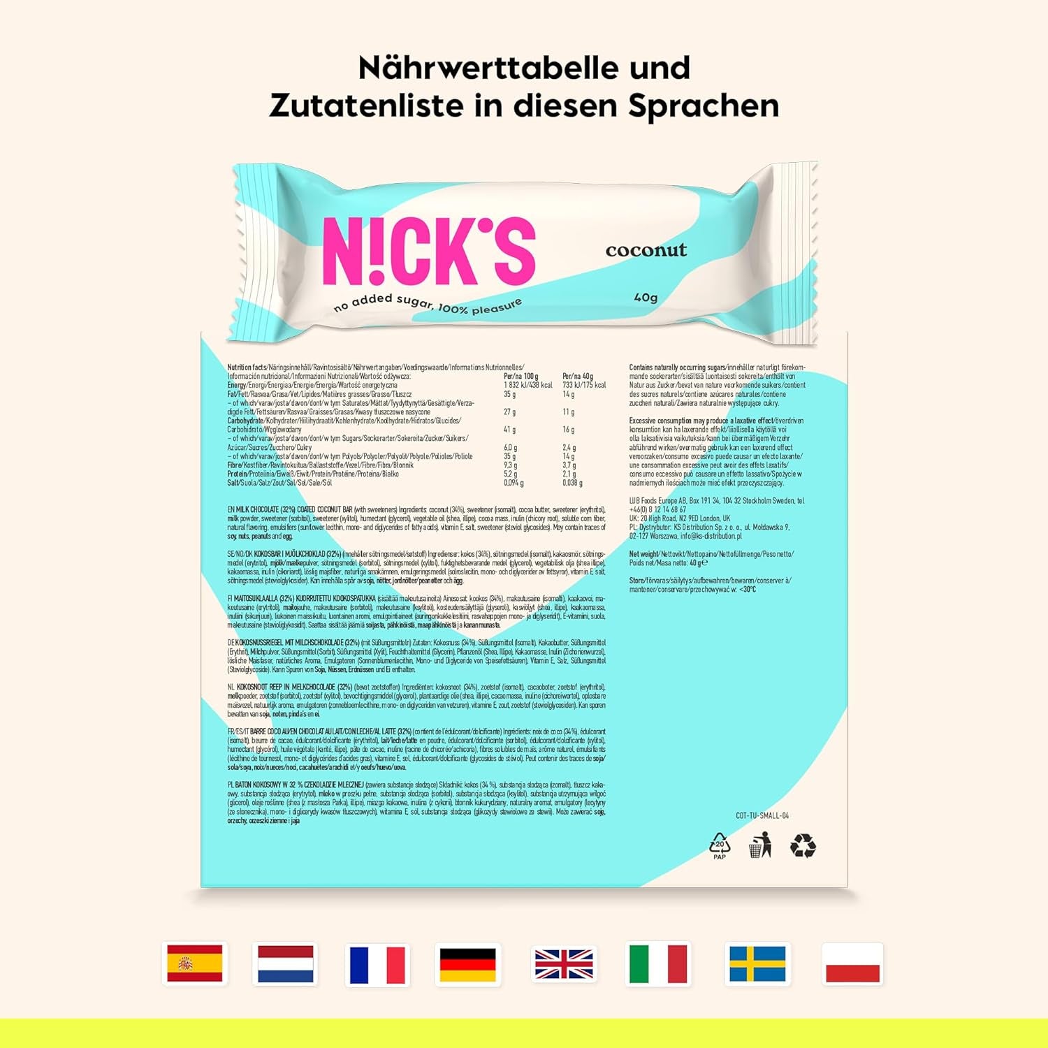 NICKS Keto-Kokosriegel, Schokoladen-Kokos-Snacks, 175 Kalorien, 2 Netto-Kohlenhydrate, ohne Zuckerzusatz, glutenfrei, kohlenhydratarme Süßigkeiten (15 x 40 g)