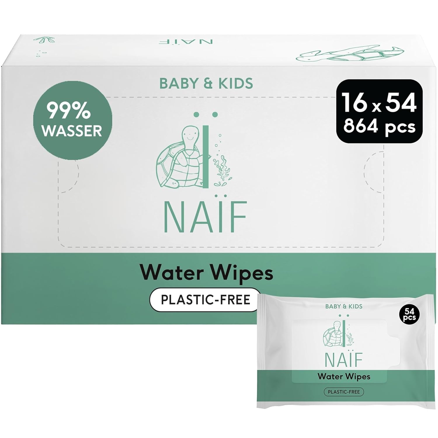 Naïf – Plastikfreie Feuchttücher – 864 Stück (16 Packungen à 54 Tücher) – Pflege für Babys Po, Körper und Gesicht – 99 % Wasser – 0 % Parfüm und Alkohol