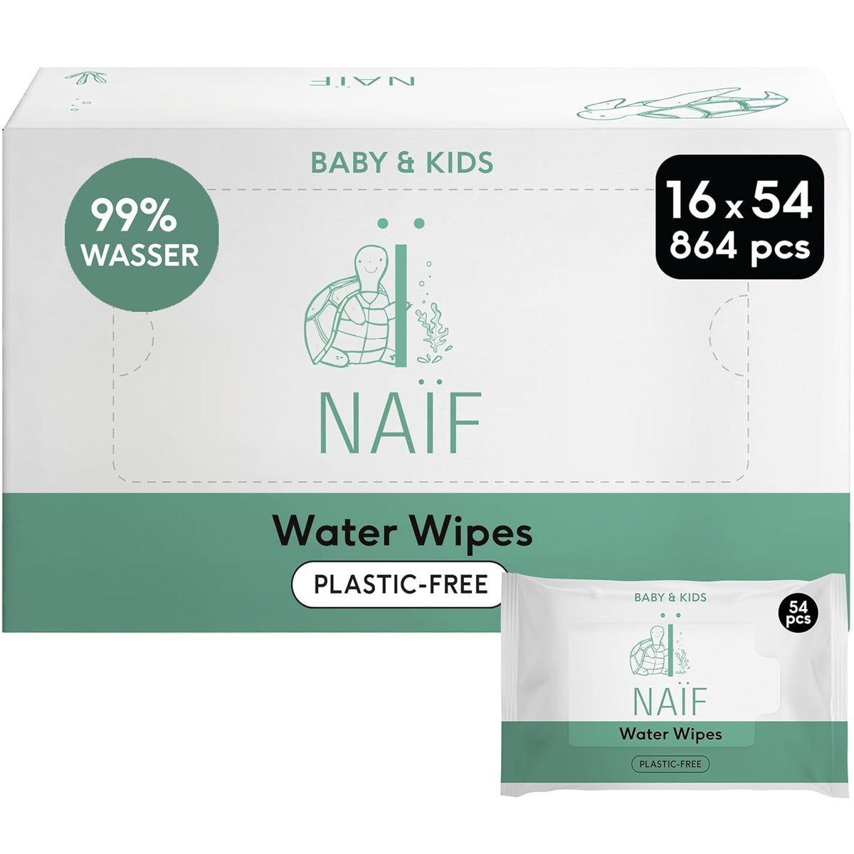 Naïf – Plastikfreie Feuchttücher – 864 Stück (16 Packungen à 54 Tücher) – Pflege für Babys Po, Körper und Gesicht – 99 % Wasser – 0 % Parfüm und Alkohol