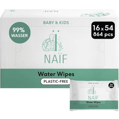 Naïf – Plastikfreie Feuchttücher – 864 Stück (16 Packungen à 54 Tücher) – Pflege für Babys Po, Körper und Gesicht – 99 % Wasser – 0 % Parfüm und Alkohol
