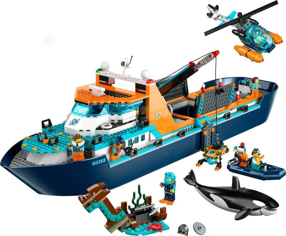 LEGO City Arktisches Forschungsschiff, großes schwimmendes Spielzeugboot mit Hubschrauber, Schlauchboot, Rov-U-Boot, Wikingerwrack, 7 Minifiguren und Orca-Figur, Geschenk für Kinder ab 7 Jahren 60368 Bausets Besuchen Sie den LEGO-Store