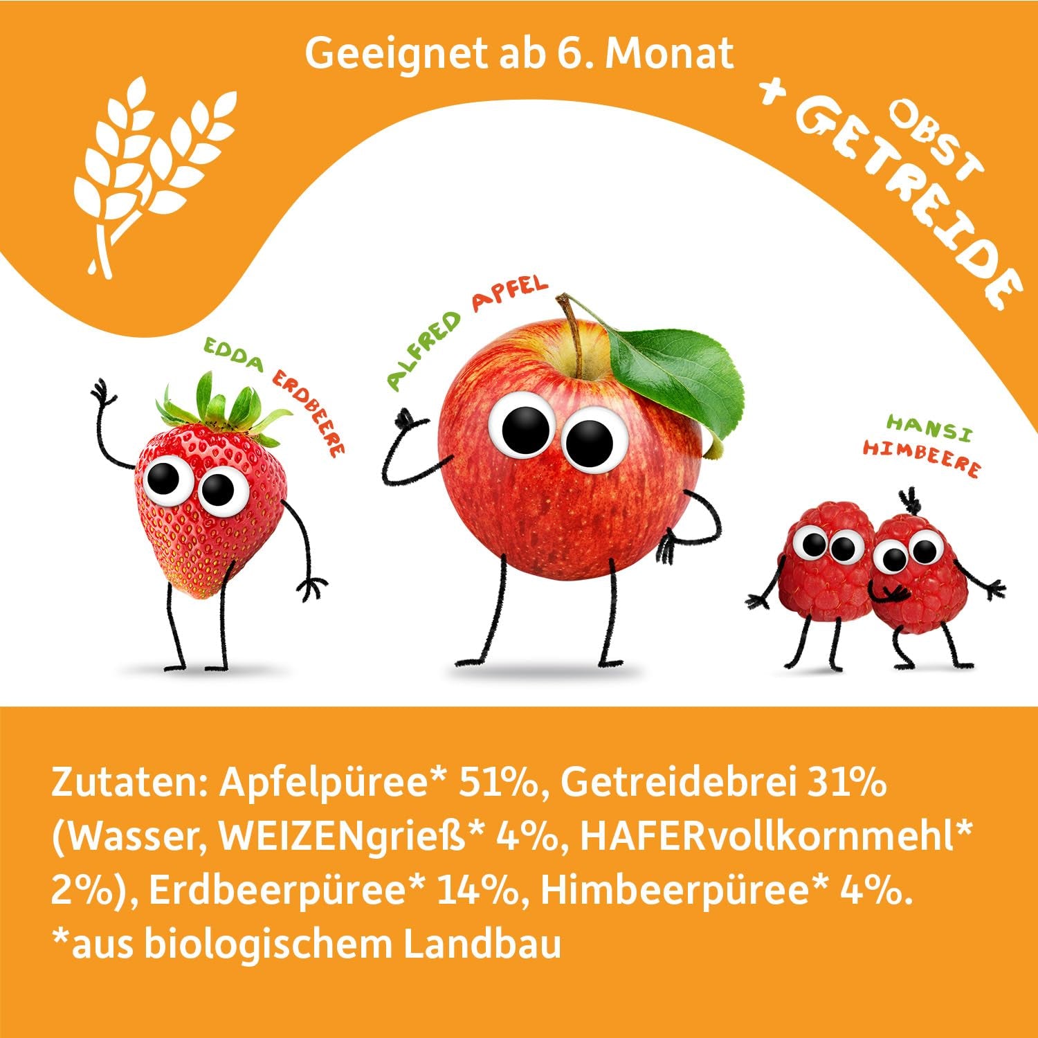 FRECHE FREUNDE Bio Quetschie Apfel, Erdbeere, Himbeere mit Grieß, Fruchtmus mit Getreide im Quetschbeutel für Babys ab dem 6. Monat, vegan, 6er Pack (6 x 100g)