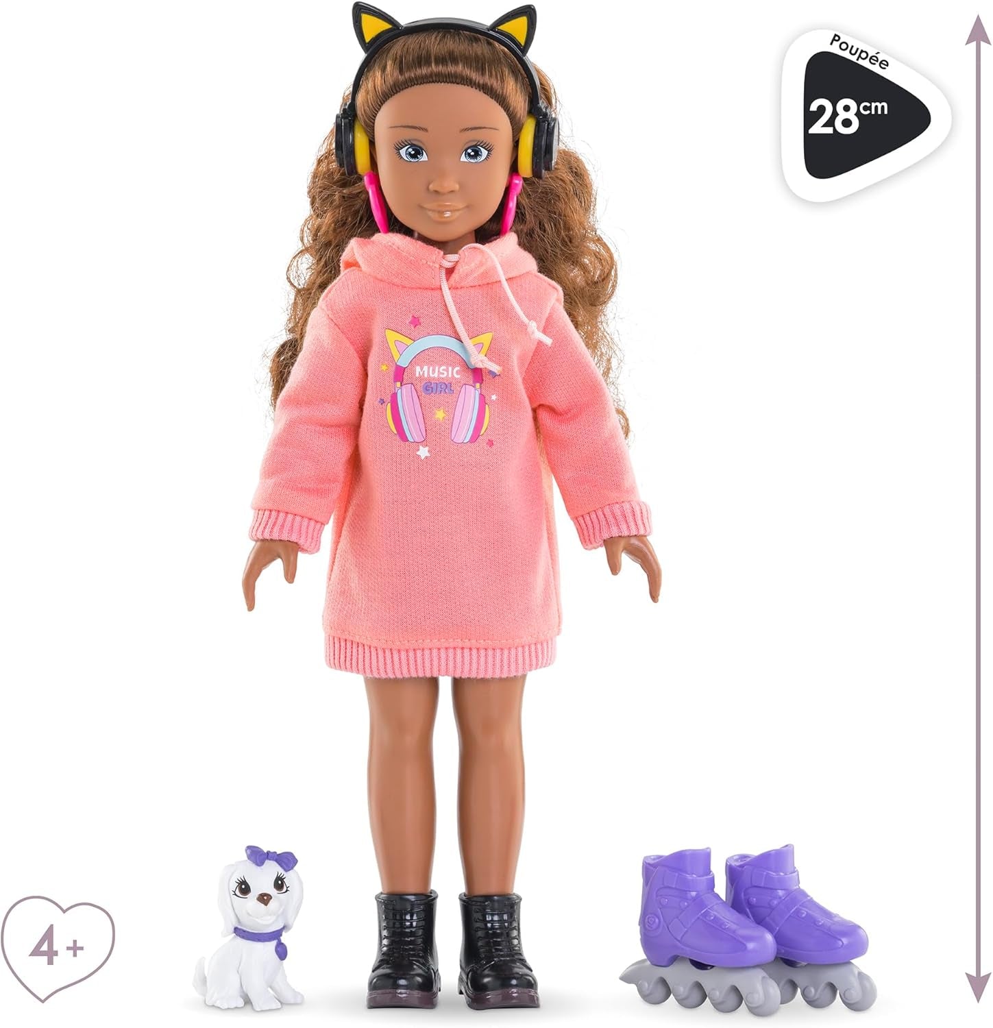 Corolle Girls Melody Music und Fashion Set, Knöchelpuppe im coolen Hoodiekleid mit Hund, trendige Kopfhörer, Ohrringe und extra Inlineskates, Vanilleduft, 28cm, ab 4 Jahre