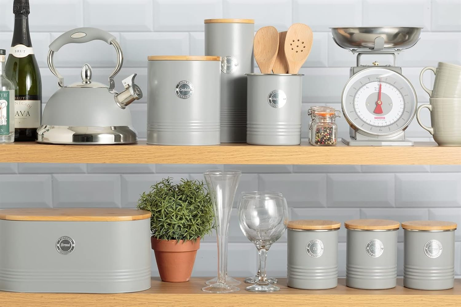 LIVING collection, borcan pentru biscuiți cu capac | gri pastel | cutie de depozitare de 3,4 L pentru biscuiți | borcan pentru biscuiți din oțel cu capac | borcane de depozitare etanșe din bambus cu capac Cutii depozitare alimente Naty Shop