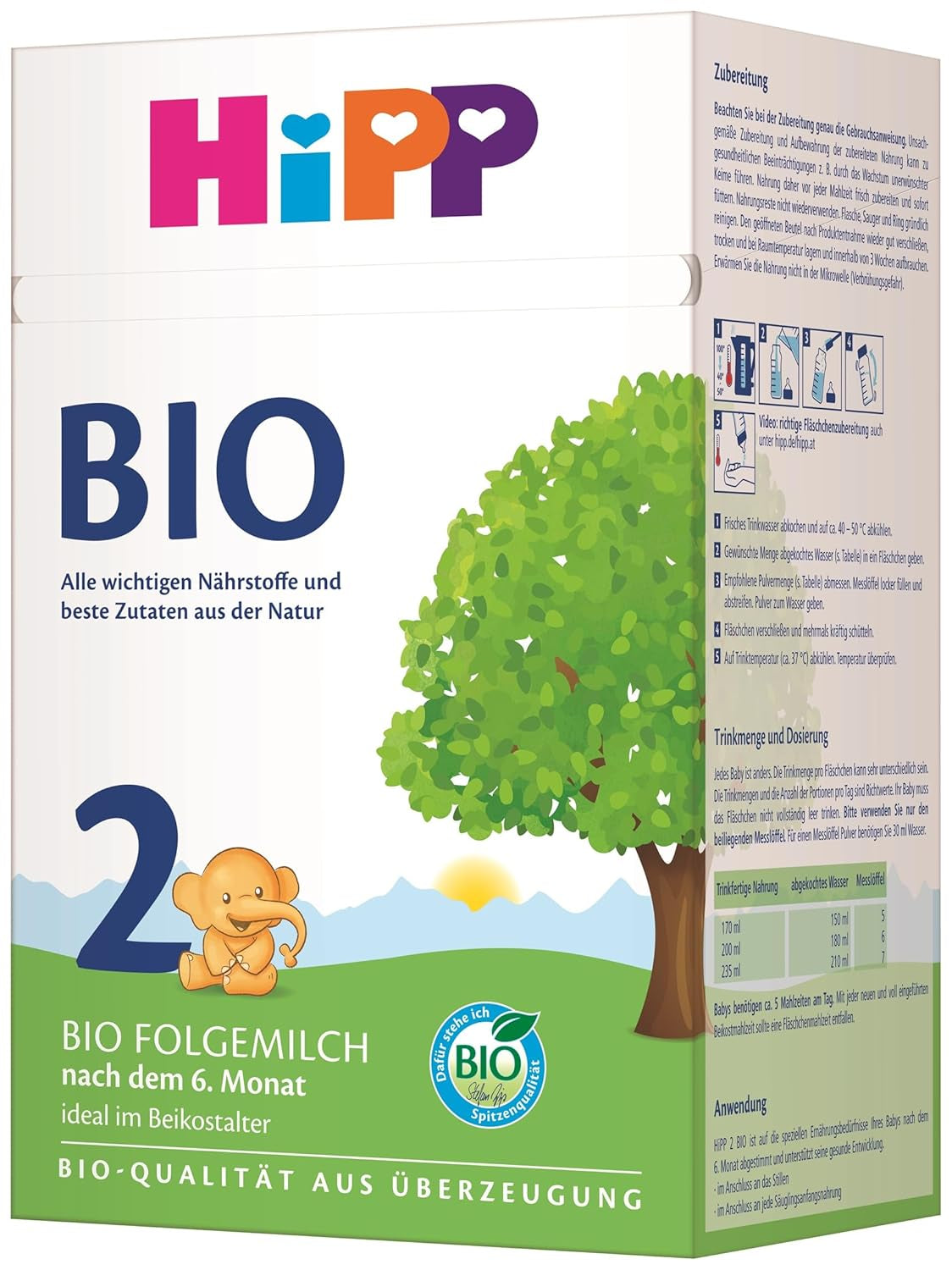 HiPP 2 Bio-Folgemilch (4 x 600g), nach 6 Monaten, mit Omega-3 (DHA, ALA), Calcium und einfach zuzubereitender Bio-Stärke, in bester Bio-Qualität