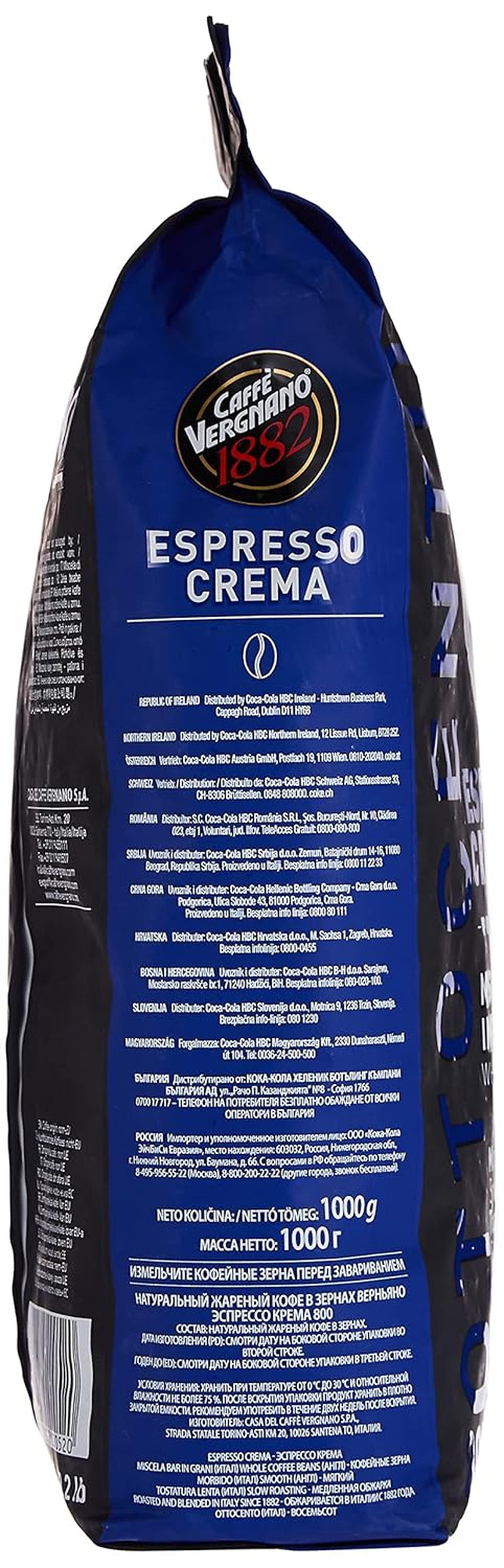Vergnano Crema 800, Espresso ganze Bohne, zart und vollmundig, 1000 g