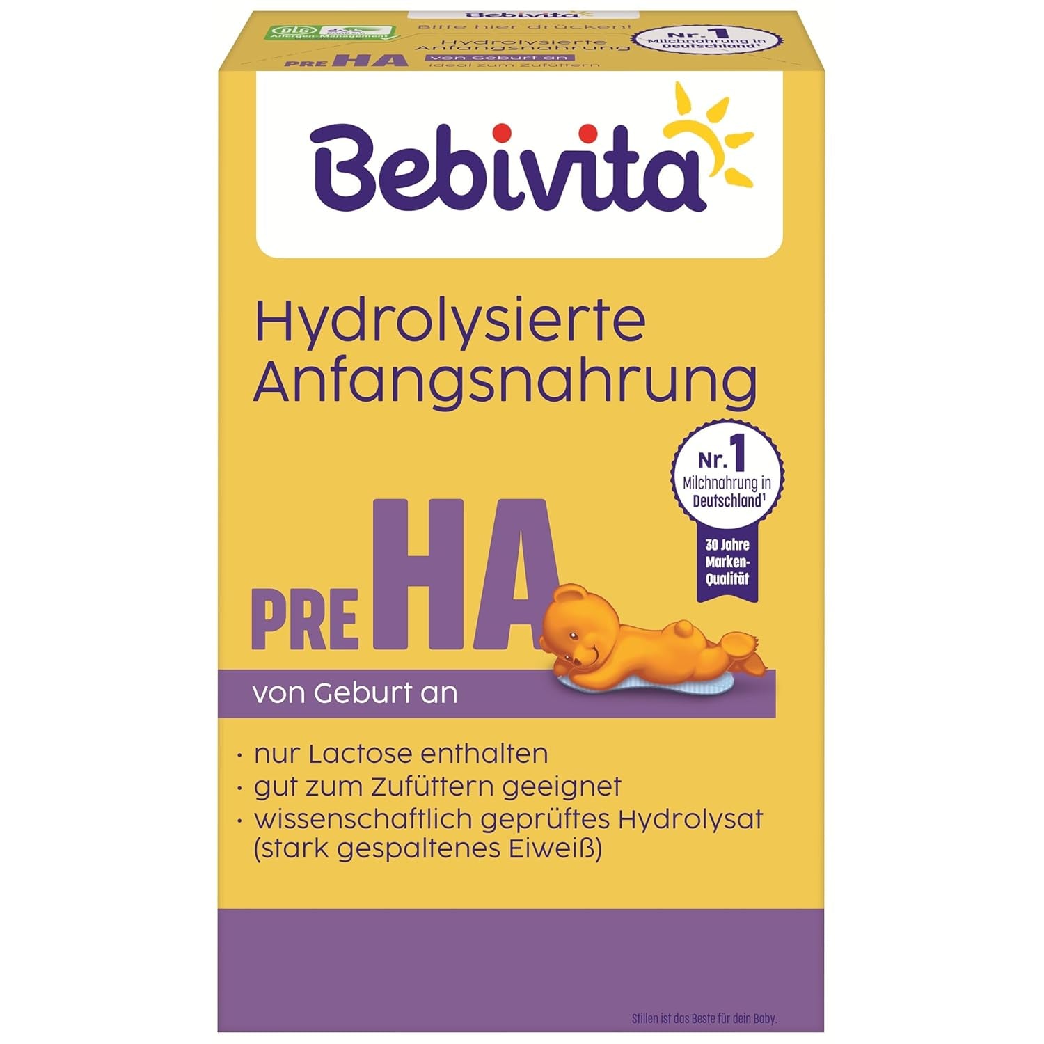 PRE HA (5 x 500 g), hydrolysierte Milchpulverformel von Geburt an, enthält nur Laktose als Kohlenhydrat, zur Ergänzungsfütterung geeignet