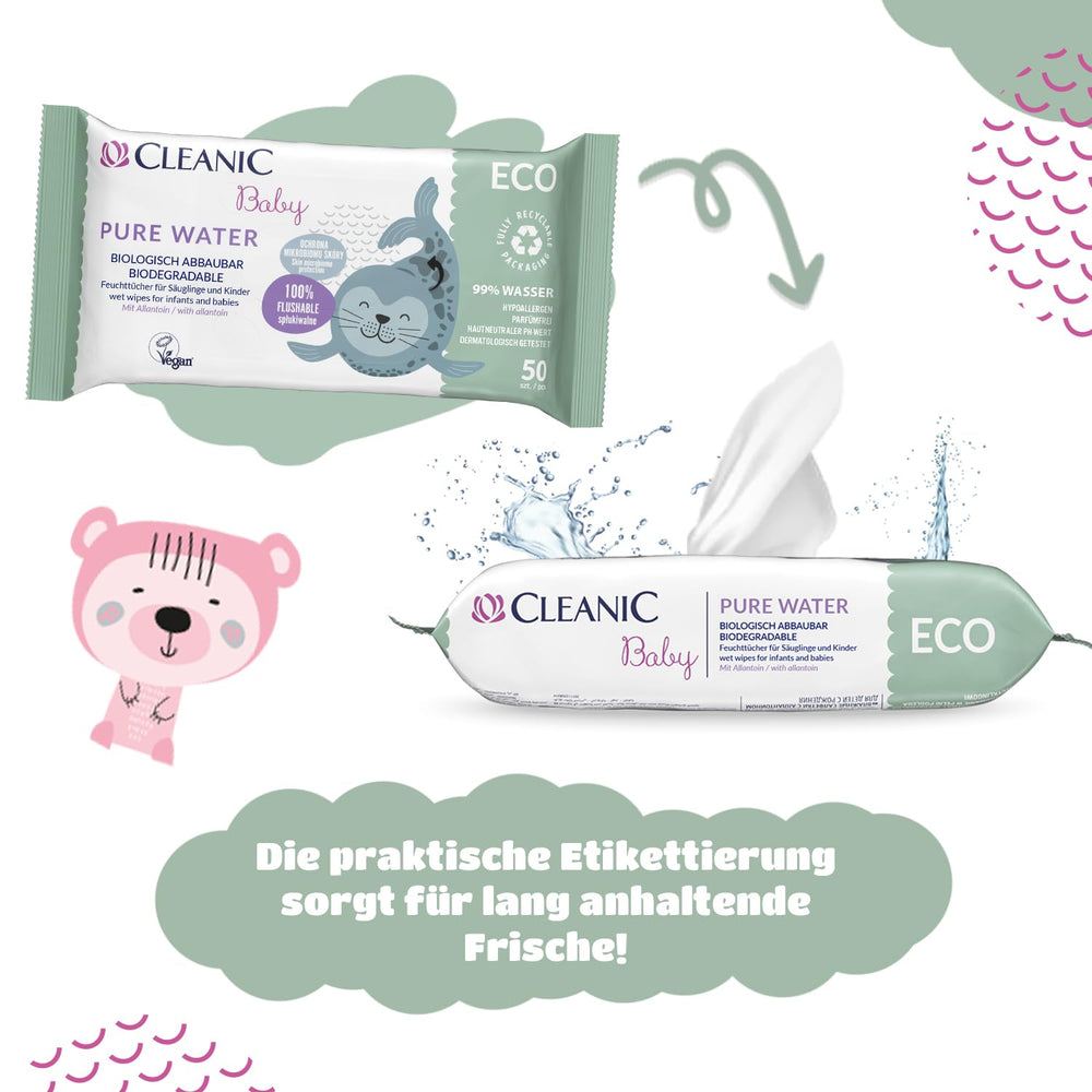 Cleanic Baby Eco Pure Water Feuchttücher – (1 x 50 Stk.) Feuchttücher für Kinder und Kleinkinder – parfümfrei, abspülbar, empfindliche Haut – 50 Stk.
