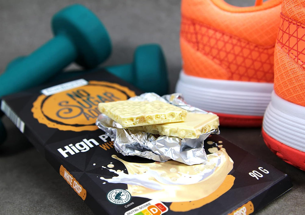 frankonia CHOCOLAT POWER MOTION ohne Zuckerzusatz – Knusprige weiße Schokolade mit hohem Protein- und niedrigem Kohlenhydratanteil, 90 g