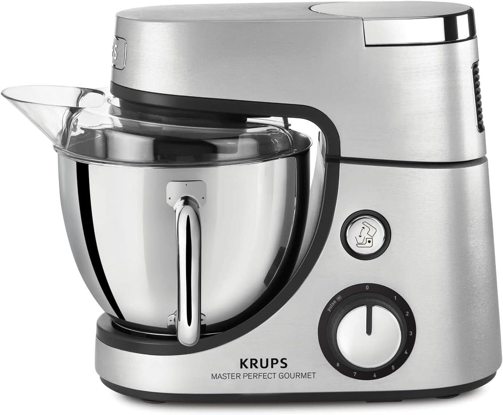 Krups KA631D Master Perfect Gourmet Küchenmaschine | 1100 Watt | 8 Geschwindigkeiten | 4,6-Liter-Edelstahlschüssel | 5 Zubehörteile: Backset, flexible Schüssel, Schneideeinheit | Mutter und Kind aus gebürstetem Edelstahl Naty Shop