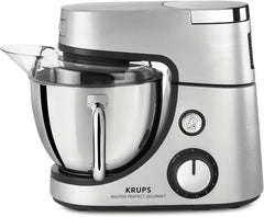 Krups KA631D Master Perfect Gourmet Küchenmaschine | 1100 Watt | 8 Geschwindigkeiten | 4,6-Liter-Edelstahlschüssel | 5 Zubehörteile: Backset, flexible Schüssel, Schneideeinheit | Mutter und Kind aus gebürstetem Edelstahl Naty Shop