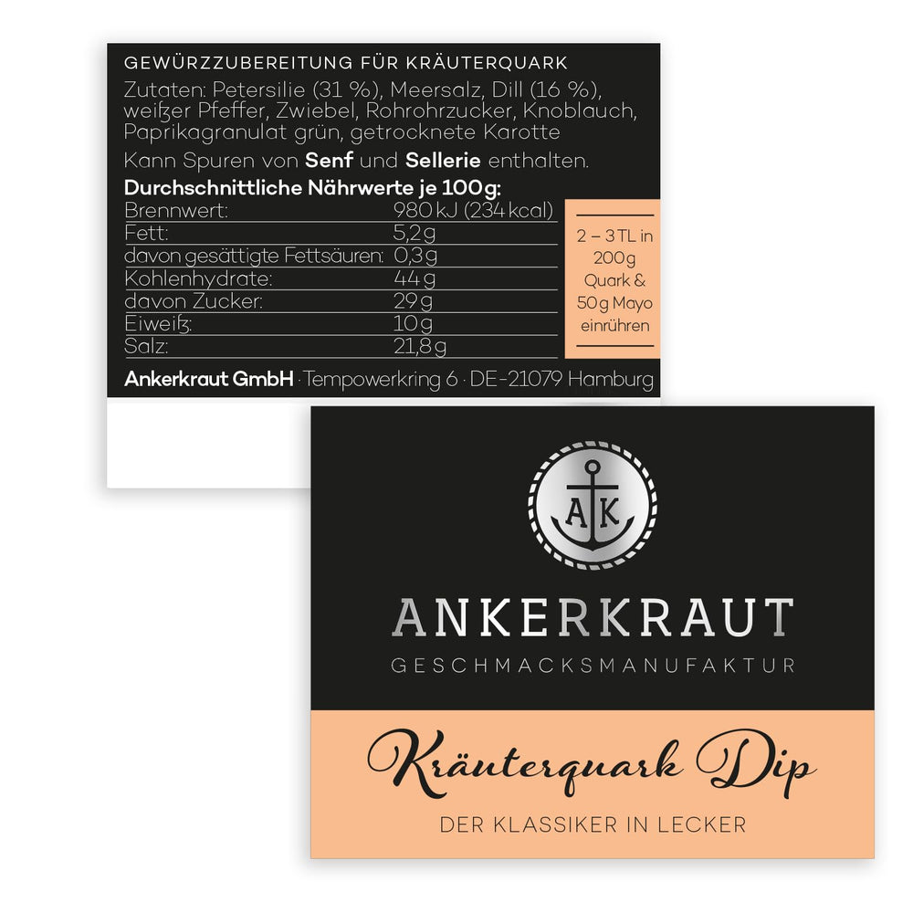 Ankerkraut Kräuterquark Dip, Gewürzmischung für Quark, Ohne Geschmacksverstärker, Premium Qualität, Alternative Joghurt und Soja-Quark, Aufstrich selber machen, 55 g im Korkglas