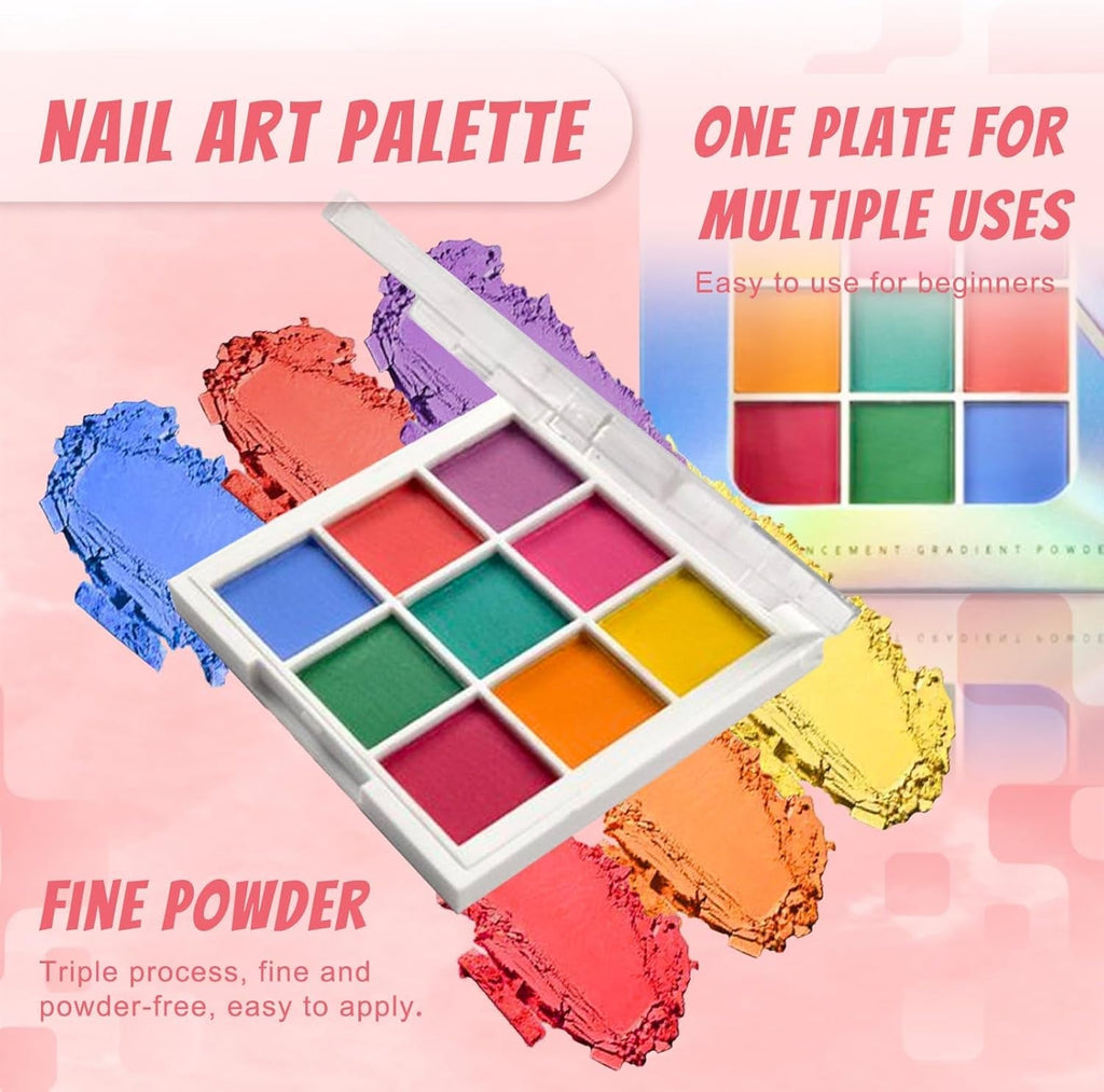 9 Farben Pigment Für Nägel, Nagelpulver Nail Powder 100 Stück Nail Art Schwamm Mit Metallgreifer, Ombre Glitzerpulver Nagelpuder Nailart Nagel Deko Für DIY Nageldesign, B