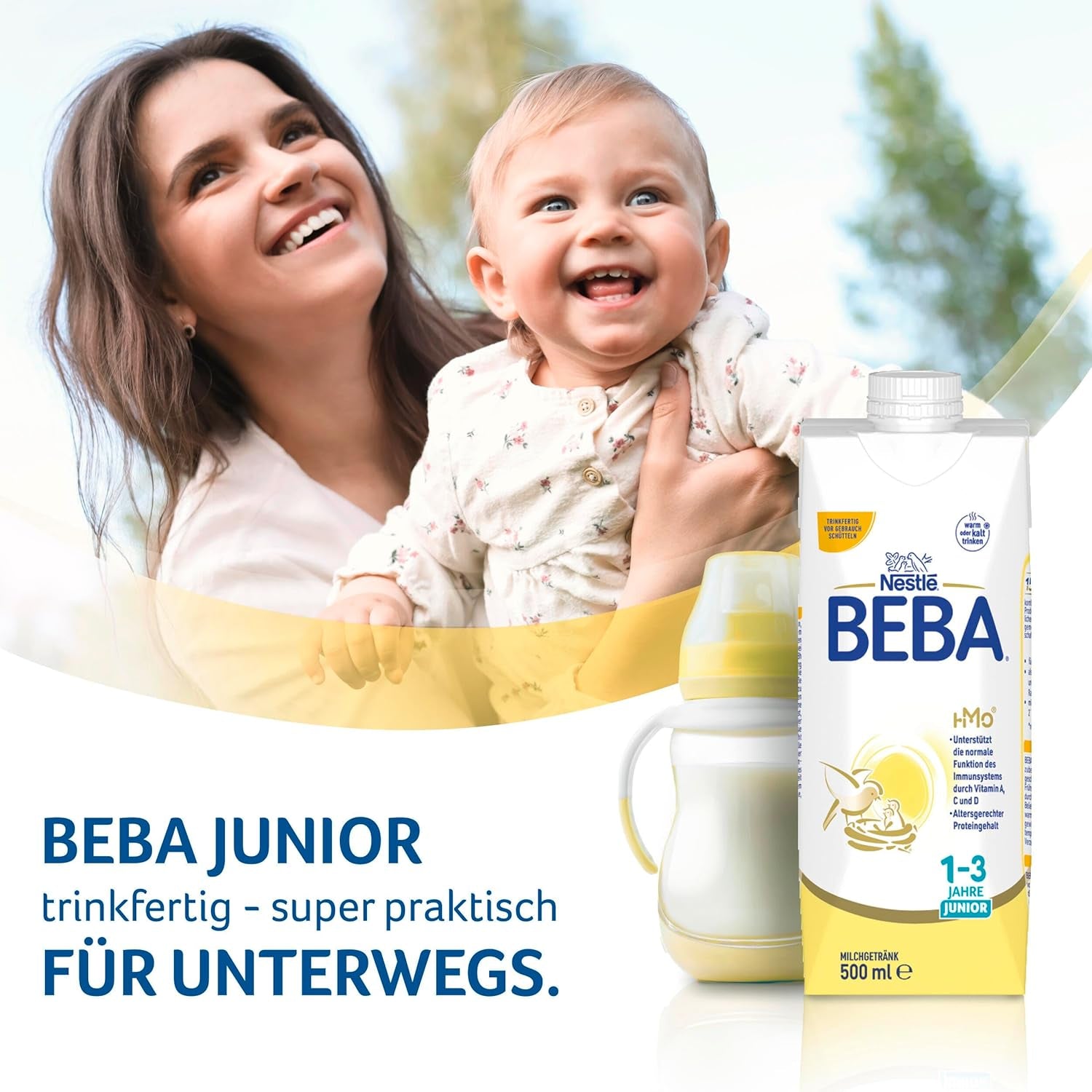 BEBA Junior trinkfertiges Milchgetränk 1-3 Jahre, mit HMO, altersgerechter Proteingehalt, palmölfrei, fischölfrei, Kleinkindnahrung, 12er Pack (12 x 500 ml)