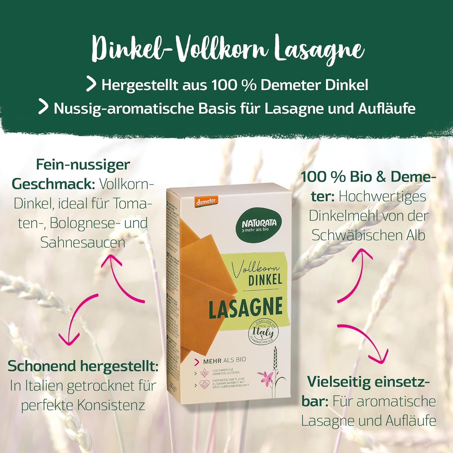 Bio-Dinkel-Lasagneblätter, 250g | Demeterzauber von der Schwäbischen Alb | Zarter Nussgeschmack für Lasagne und Aufläufe