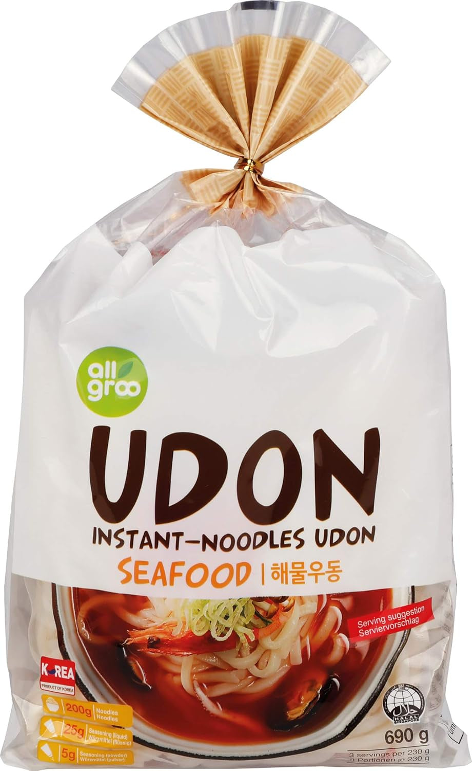 Allgroo Udon Instant Nudeln – Würzige Udon-Suppe, schnelle Zubereitung – Enthält 3 Portionen – 1 x 690 g