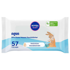 NIVEA Baby AQUA Feuchttücher, Baby Feuchttücher Zur Sanften Reinigung Empfindlicher Haut, Hypoallergene Und Parfümfreie Feuchttücher Für Babys Mit 99% Wasser (1 X 57 Stück) Baby Wet Wipes Naty Shop 57 Stück (1Er Pack)