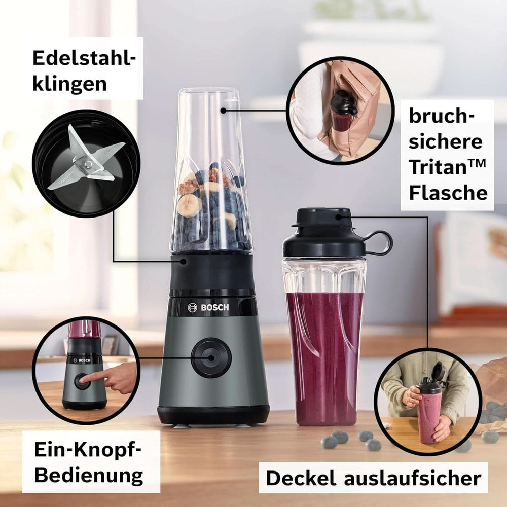 Bosch Mini-Standmixer Vitapower Serie 2 MMB2111S, Highspeed-Mixer, Bis Zu 40.000 U/min, Tritan Togo-Flasche 0,6 L, Trinkdeckel, Bruchsicher, Spülmasch.Geeignete Teile, 450W, Silber/Schwarz Kitchen Naty Shop