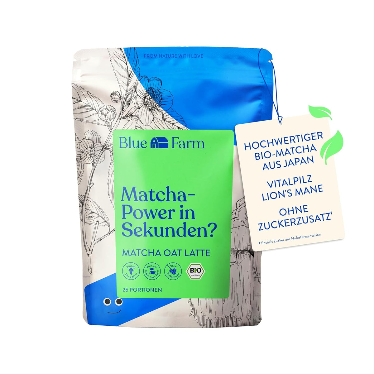 Blue Farm Bio Matcha Oat Latte auf Haferbasis ohne Zuckerzusatz - Mit dem Vitalpilz Lion's Mane - Vegan - laktosefrei & glutenfrei (300 g, Matcha)