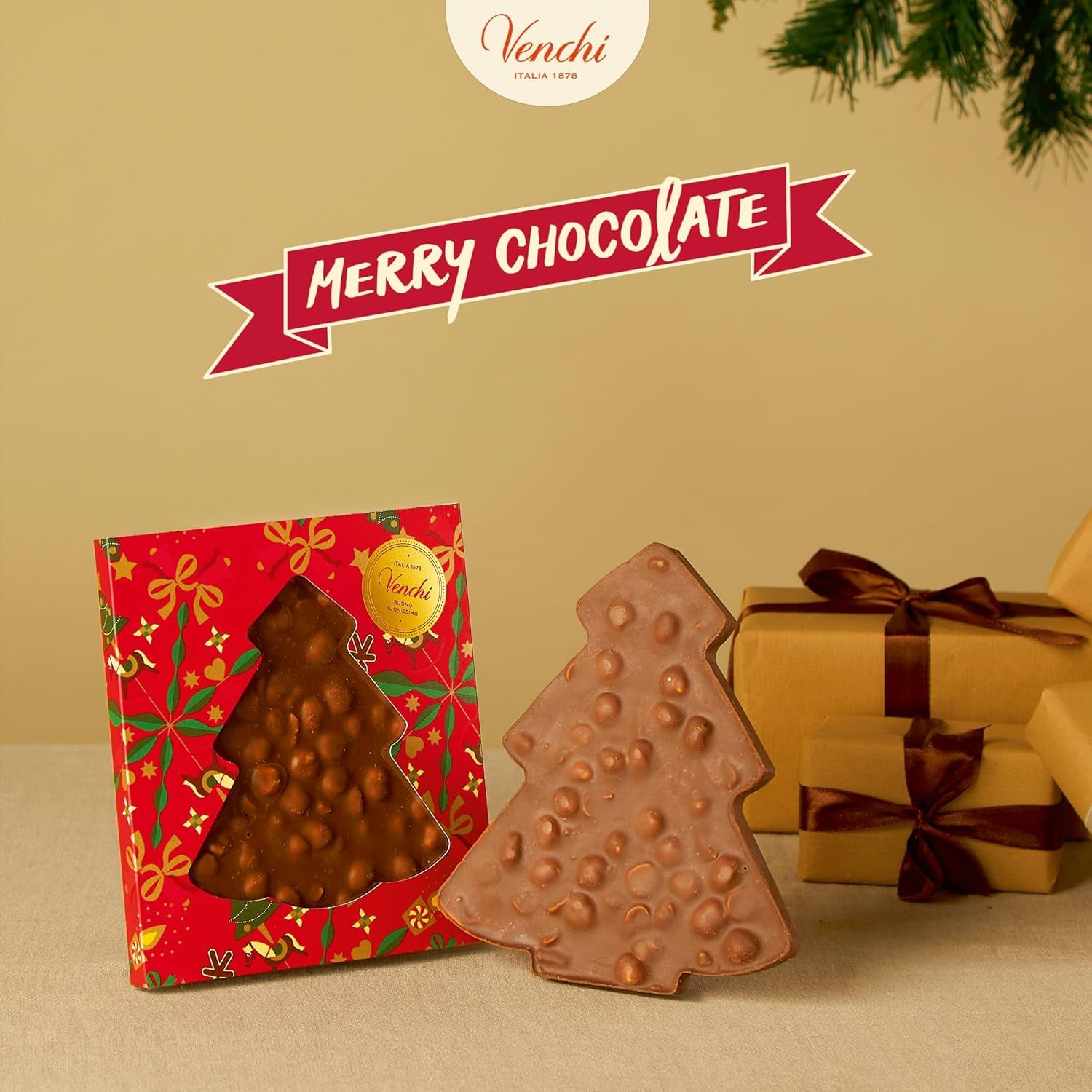 Venchi, Brutto&Buono, handgemachte Milchschokoladentafel in Tannenbaumform „Piedmont Forest Haselnuss“, 200 g, glutenfrei, limitierte Weihnachtskollektion, Geschenkidee