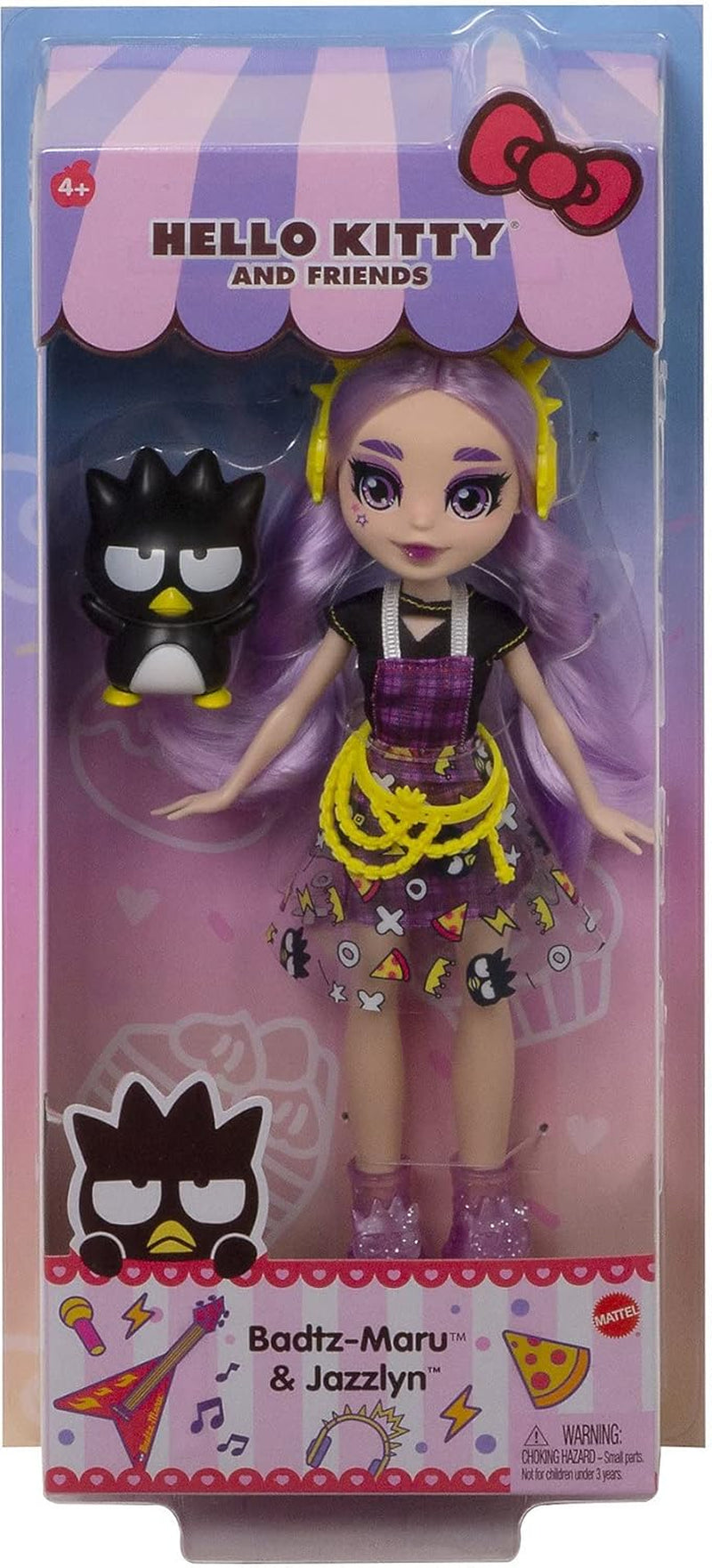 Mattel Hello Kitty GWW98 - Sanrio Badtz-Maru Figur und Jazzlyn Puppe (ca. 25,4 cm) mit Kleidung und Accessoires, langem lila Haar und trendigem Outfit, tolles Geschenk für Kinder ab 3 Jahren