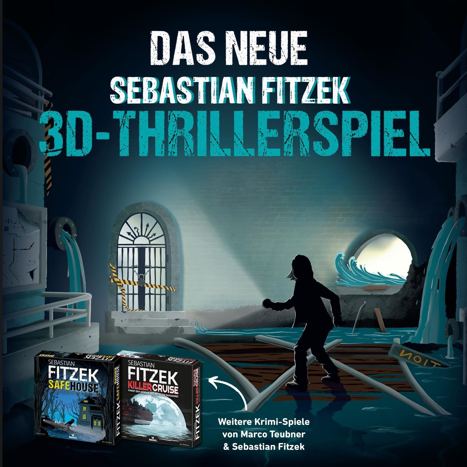 Moses. Sebastian Fitzek Underground, ein innovatives 3D-Thrillerspiel für Fans von Escape Games, ein kooperatives Brettspiel von Marco Teubner mit verschiedenen Schwierigkeitsgraden, ab 12 Jahren.