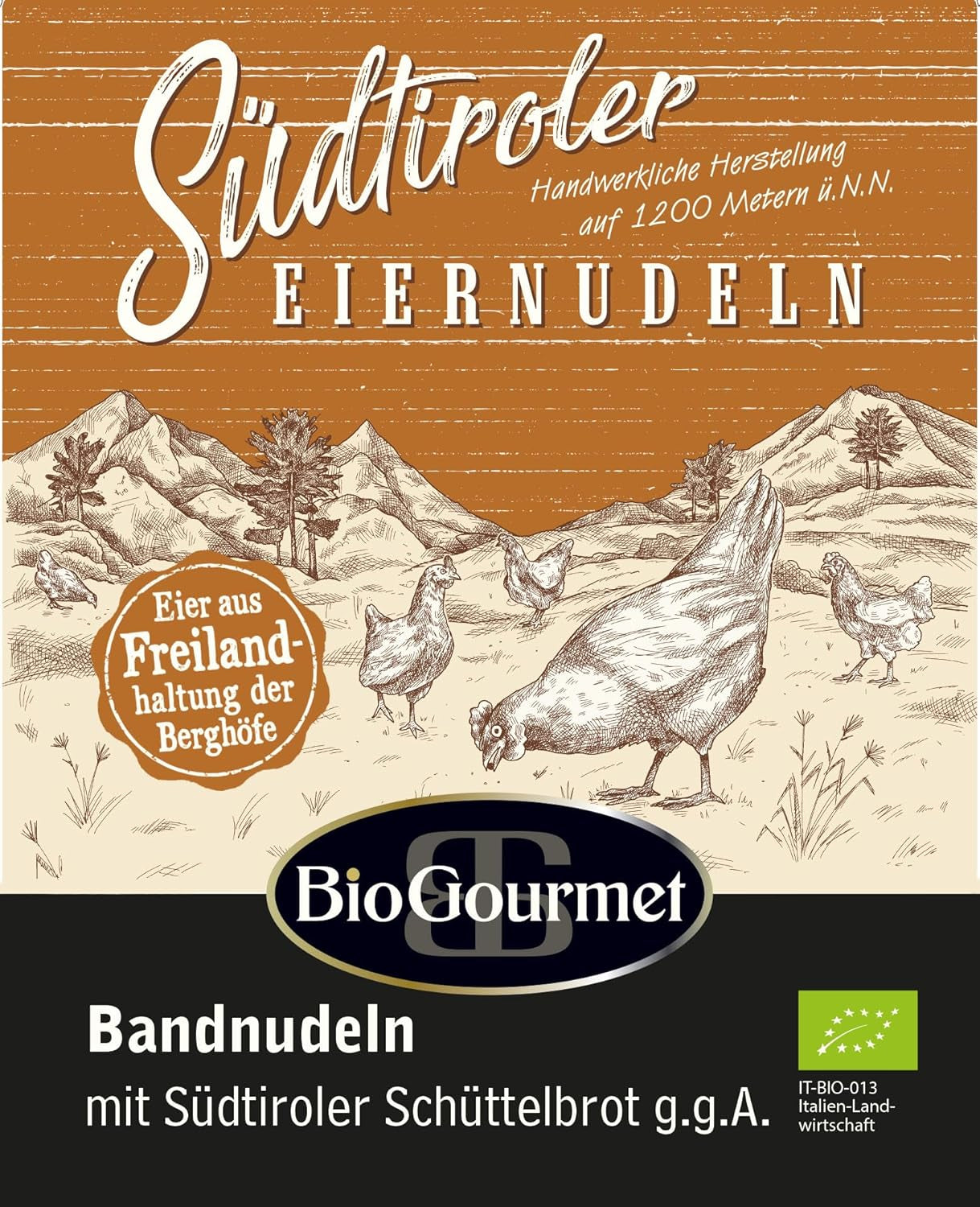 BioGourmet Bandnudeln mit Schüttelbrot aus Südtirol (g.g.A.) | Gesalzene und aromatisierte Eiernudeln mit echtem Südtiroler Speck | 1 x 250g Bio