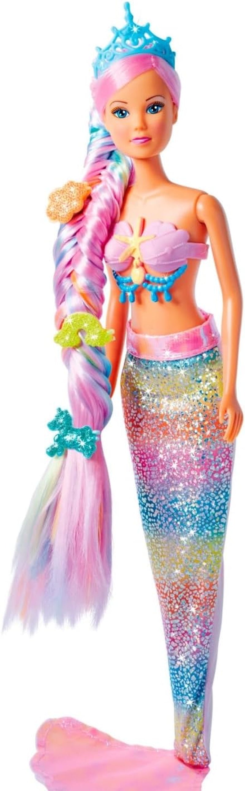 Simba 105733610 - Steffi Love Rainbow Mermaid, Ankleidepuppe als Regenbogen Meerjungfrau mit bunten Haaren, Haarclips, Kamm und Abnehmbarer Flosse, 29cm Spielpuppe, ab 3 Jahren