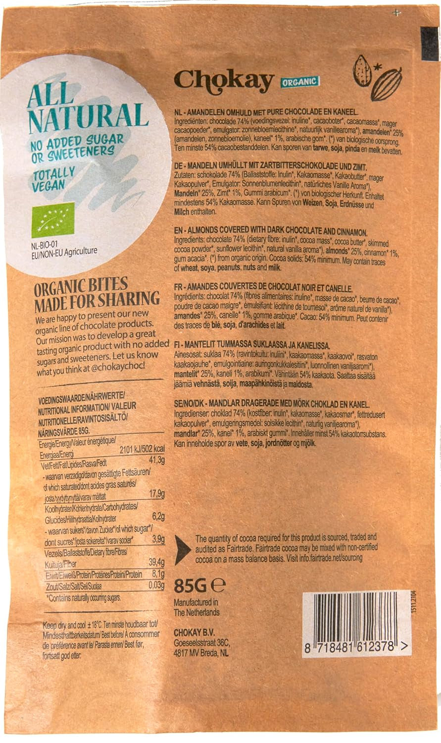 Set mit 4 Bio-Häppchen – Zimtmandeln/Zimtmandeln in belgischer Zartbitterschokolade/Ohne Zuckerzusatz, ohne Süßstoffe/VEGAN & FAIR TRADE / 4 x 85g