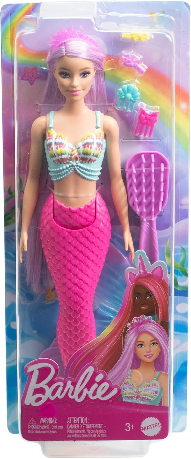 Păpușa Barbie Mermaid - cu păr lung roz și accesorii pentru styling personalizat, inclusiv perie, cochilie frumoasă și aripioare roz, pentru copii de la 3 ani, HRR00 Papusi Naty Shop