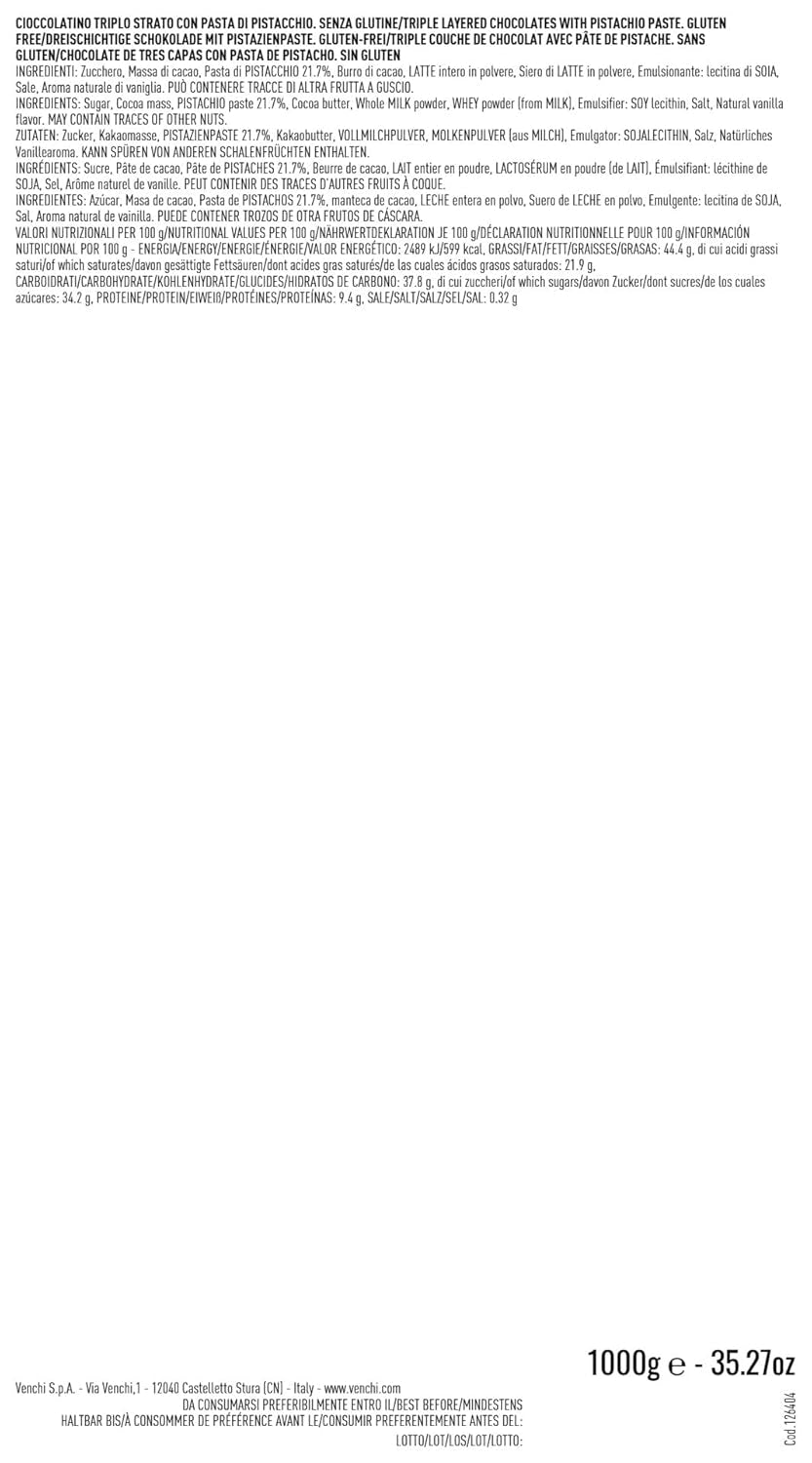 Venchi – Cremino-Zartbitterschokolade mit Pistazien, Pralinen im 1-kg-Beutel, mit Zartbitterschokolade und ganzen Pistazien, glutenfrei, ohne Farbstoffe und ohne Konservierungsstoffe