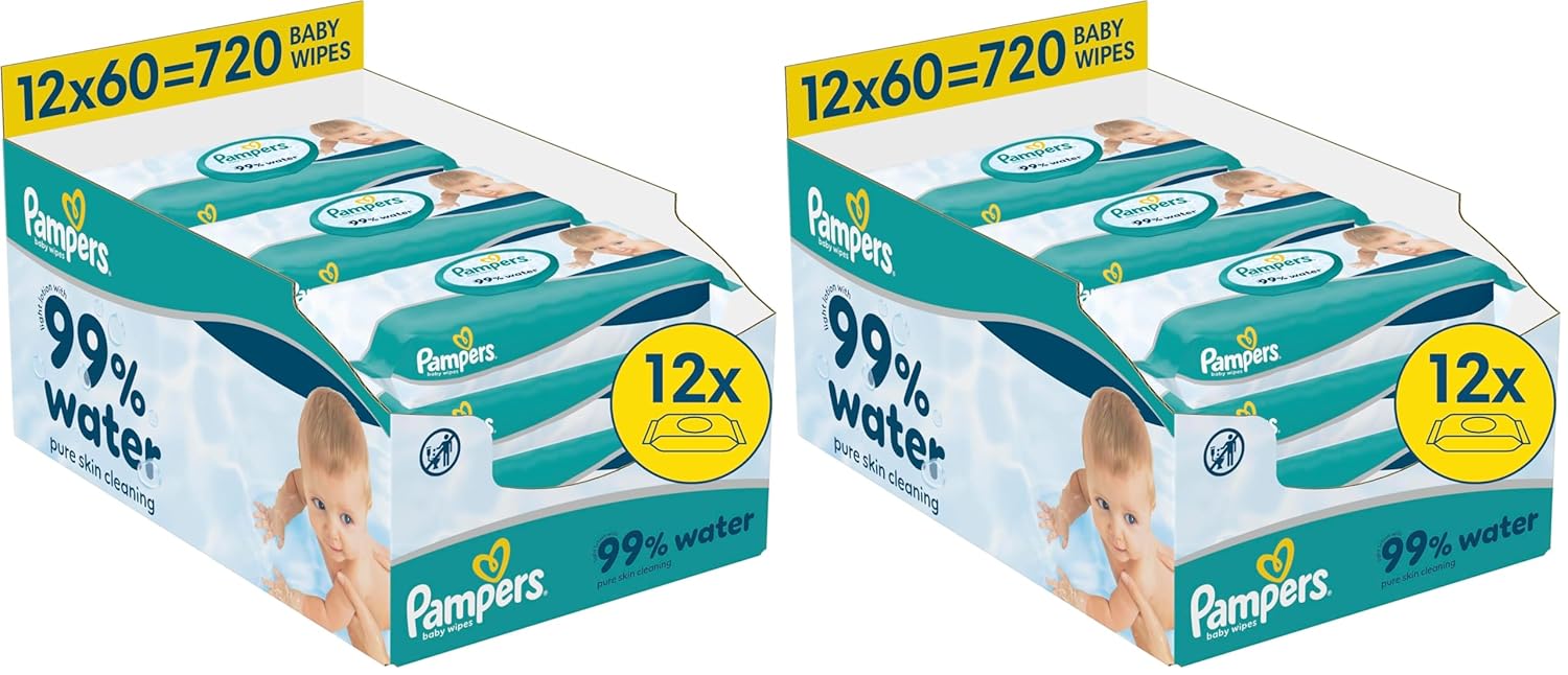 Pampers Baby-Feuchttücher mit 99 % Wassergehalt, 12 Packungen mit je 60 Tüchern = 720 Baby-Feuchttücher, leichte Lotion mit 99 % Wasser