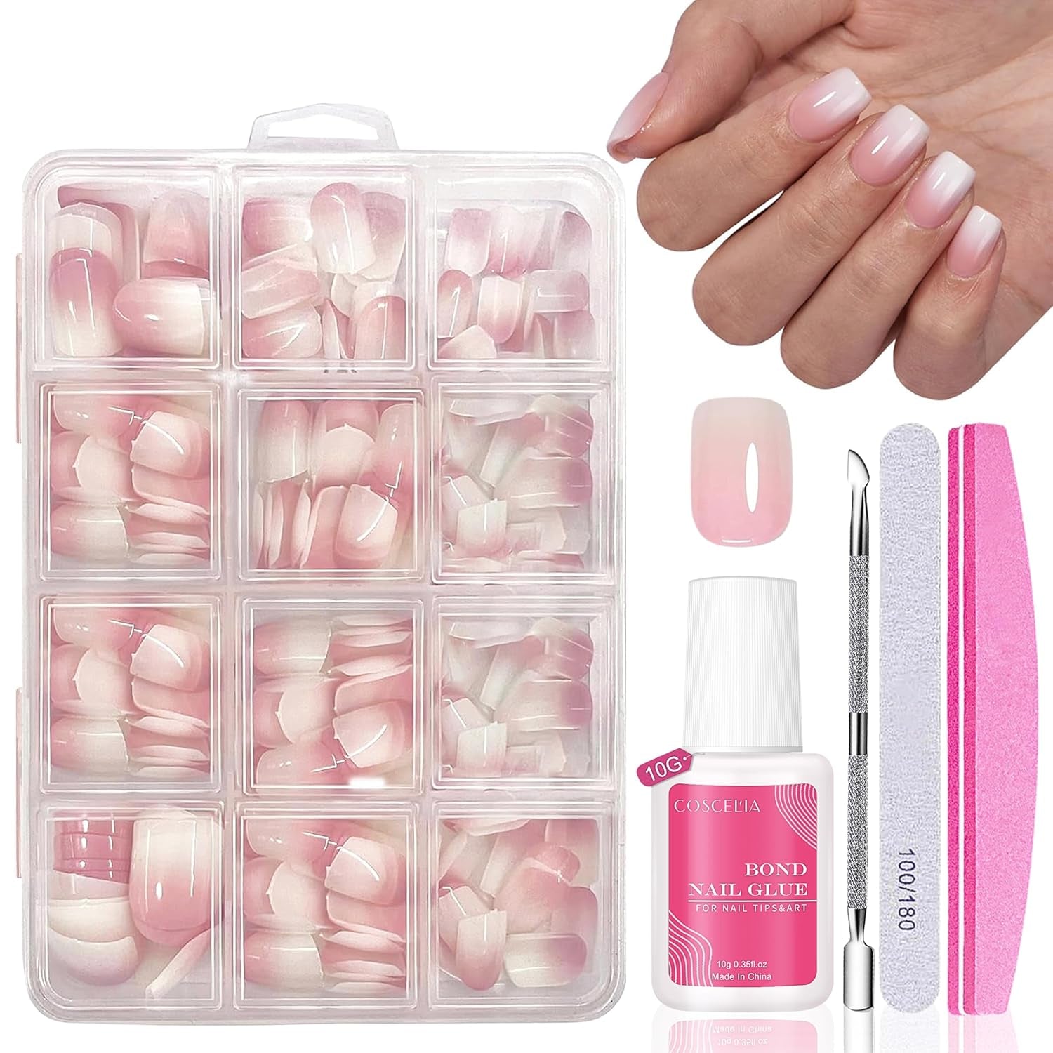 Set de unghii false - 240 de bucăți, unghii false franțuzești, pentru lipit - Design gradient alb roz, unghii artificiale, acoperire completă, gel moale, naturale și confortabile la purtare (migdală roz)
