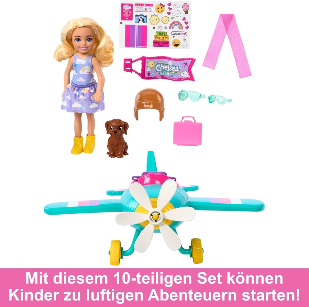 Barbie Chelsea Flugzeugpuppe und Spielset – Pilotenpuppe, Flugzeug, Griff und Story-Zubehör, Räder und Propeller mit Blumenbein, ab 3 Jahren, HTK38 Naty Shop Dolls