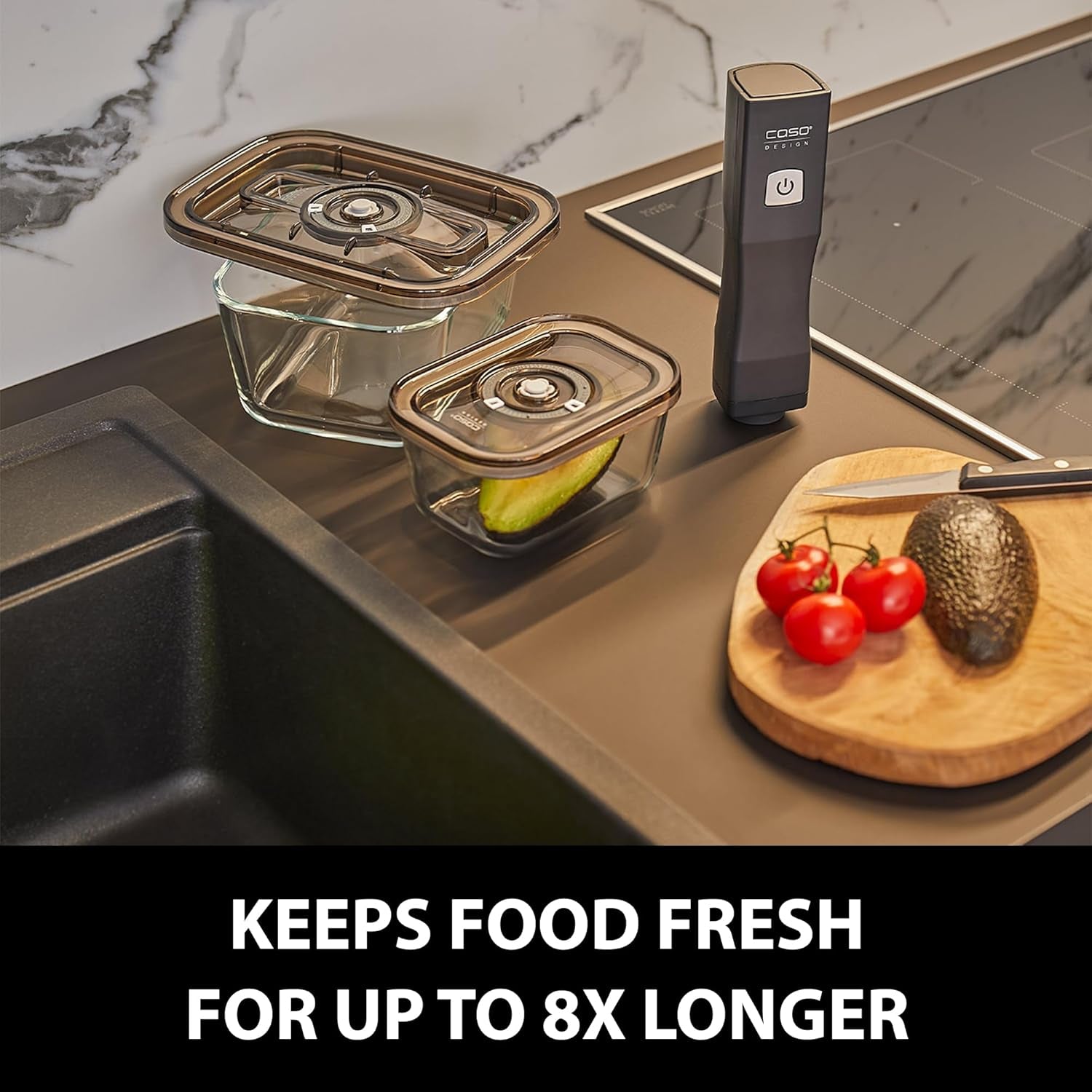 Set Caso Vacu OneTouch Eco, sigilator manual de vid, inclusiv 3 recipiente de vid din sticlă și VacuBoxx Eco-Duo S - recipient de prospețime în vid / 2 recipiente cu 500 ml fiecare Cutii depozitare alimente Naty Shop