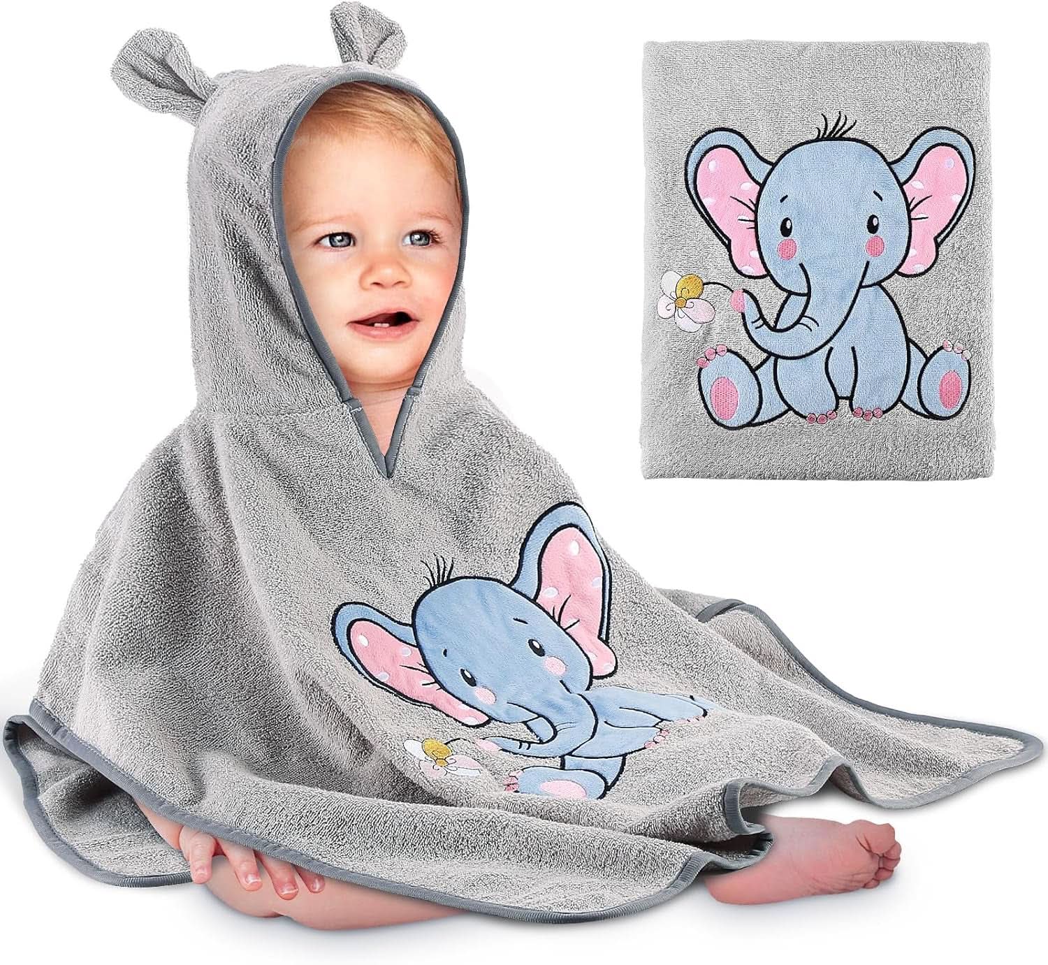 Badeponcho für Kinder Oeko TEX, 100 % Baumwolle Mutter und Kind Naty Shop Elefant hellgrau