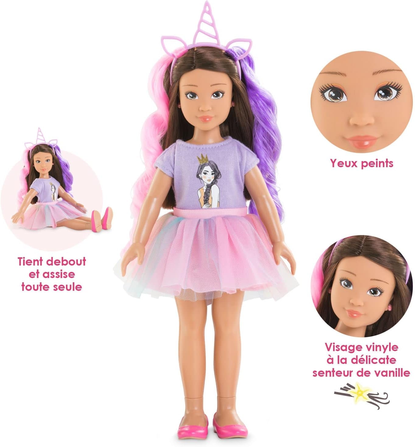 Corolle 9000600030 - Girls Luna Einhorn Set, Knöchelpuppe im Sommeroutfit mit Hund, mit Haarband, Ohrringen und extra Gummistiefel, 28cm Spielpuppe mit Vanilleduft, ab 4 Jahren