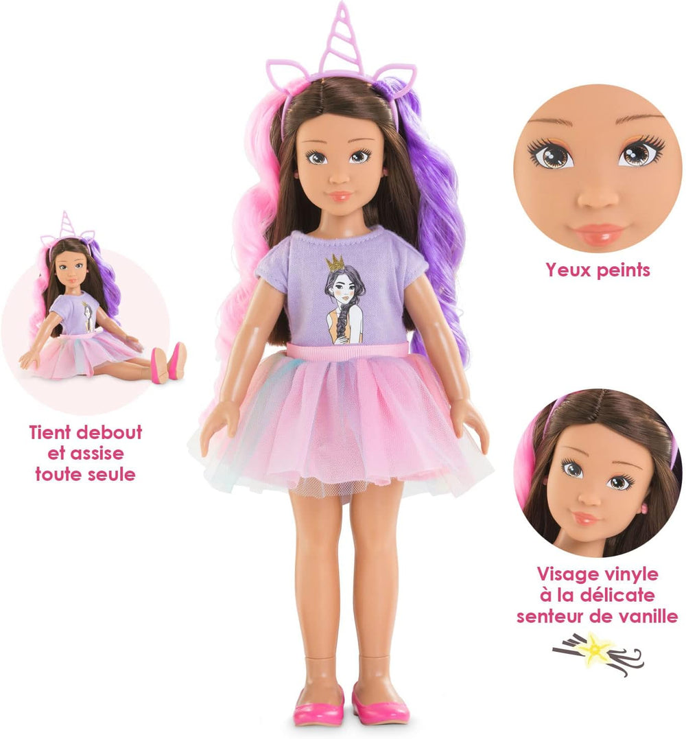 Corolle 9000600030 - Girls Luna Einhorn Set, Knöchelpuppe im Sommeroutfit mit Hund, mit Haarband, Ohrringen und extra Gummistiefel, 28cm Spielpuppe mit Vanilleduft, ab 4 Jahren