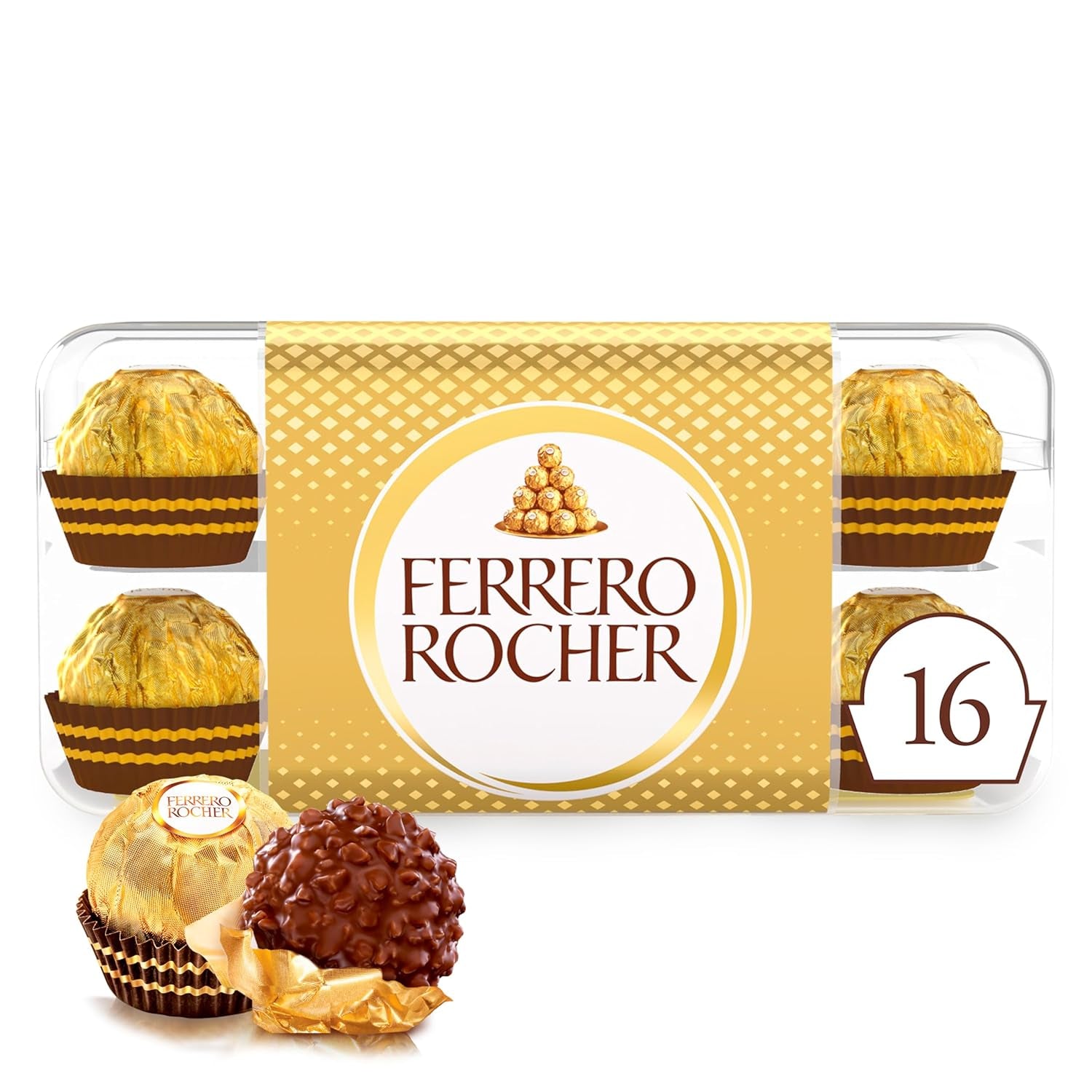 Ferrero Rocher – Knusprige und cremige Haselnuss-Spezialitäten-Pralinen – Valentinstagsgeschenk für Sie und Ihn – 16 Packungen mit 4 einzelnen Pralinen