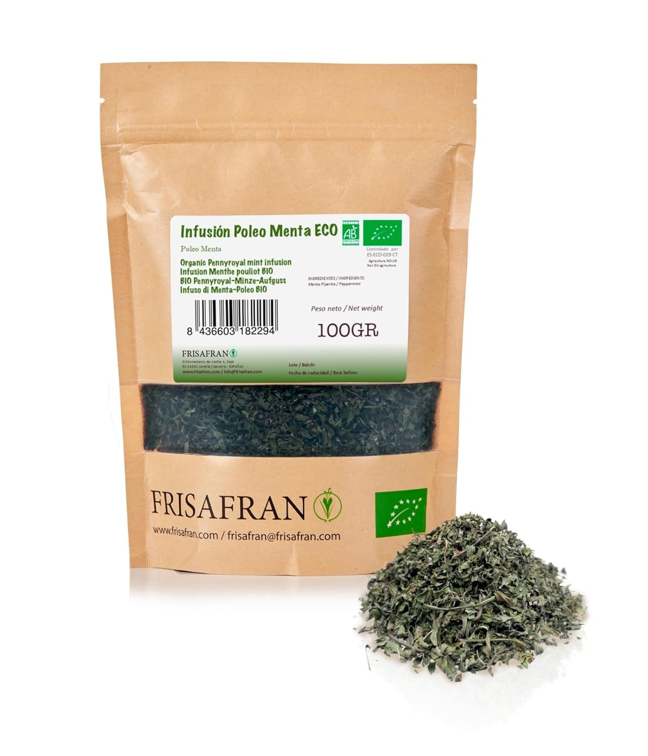 FRISAFRAN | Ceai verde Gunpowder cu mentă bio, vrac, 100 g | Antioxidant | Ceai verde japonez | Digestiv | Sănătos | Băutură răcoritoare | Infuzie de mentă | Ceai pur | Frunze de mentă | Cald-rece | Mentă