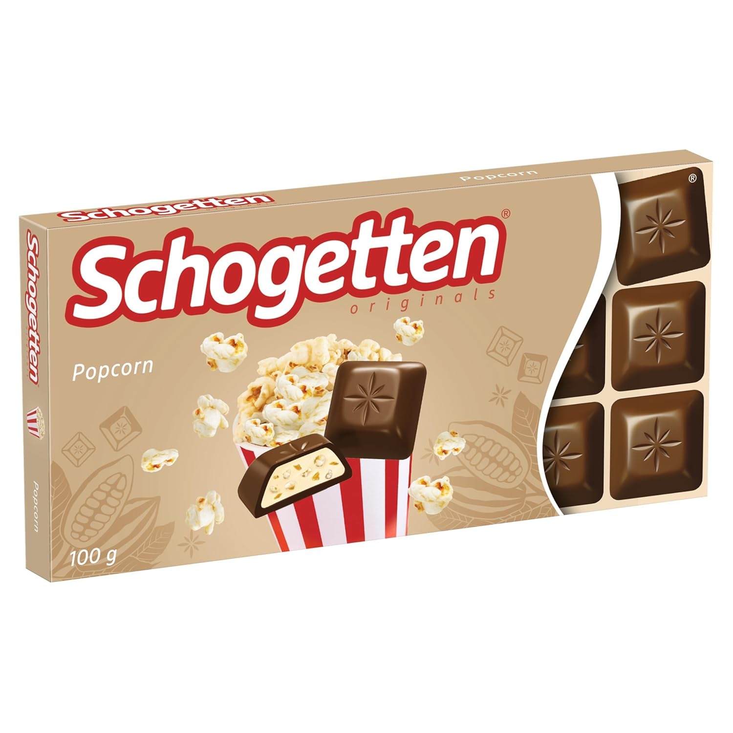 Schogetten Popcorn 1 Tafel Schokolade x 100g, Milchschokolade mit Popcorn und Maisstückchen, praktische Einzelstücke. Eine Delikatesse. Stück für Stück.