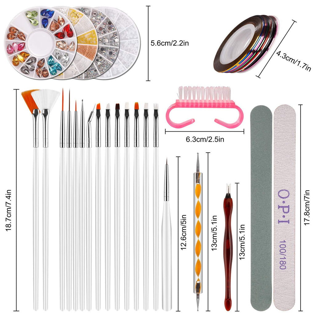 Nail Art Dekorationen & Nagelpinsel Set, Nageldesign Zubehör, Nagelset 5 Stk 2 Wege Punktierung Stift, 15 Malerei Polnisch Pinsel Set, 10 Streifenband, 4 Boxen Bunte Nagel Rhinestones Dekoration