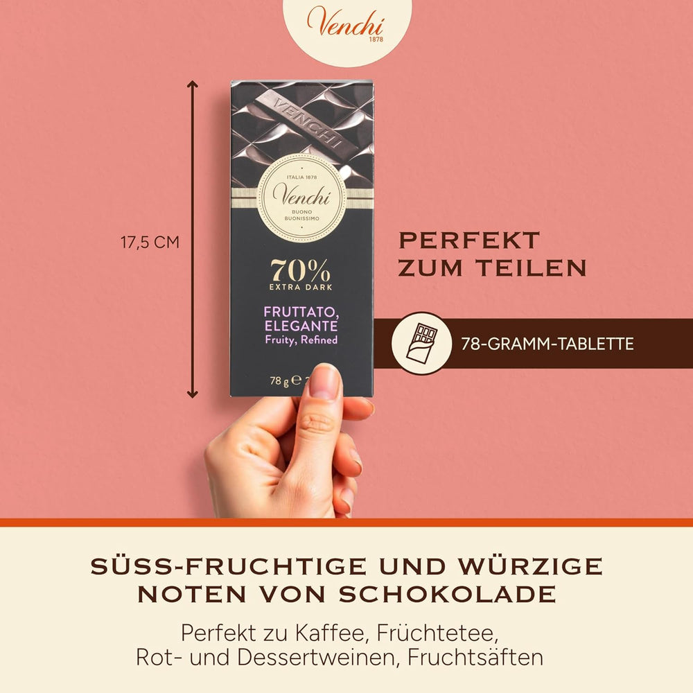 Venchi – Zartbitterschokolade 70 %, 78 g – Mit ausgewählten Kakaomischungen – Glutenfrei – Vegan