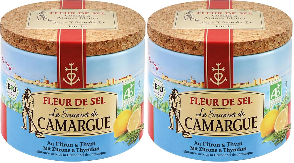 Le Saunier de Camargue Fleur De-Sel Citrone Thymian in 125 g Dosis, Premium Meersalz aus Süd-Frankreich, Ideal als Finishing von Speisen und zum Verfeinern von Gerichten