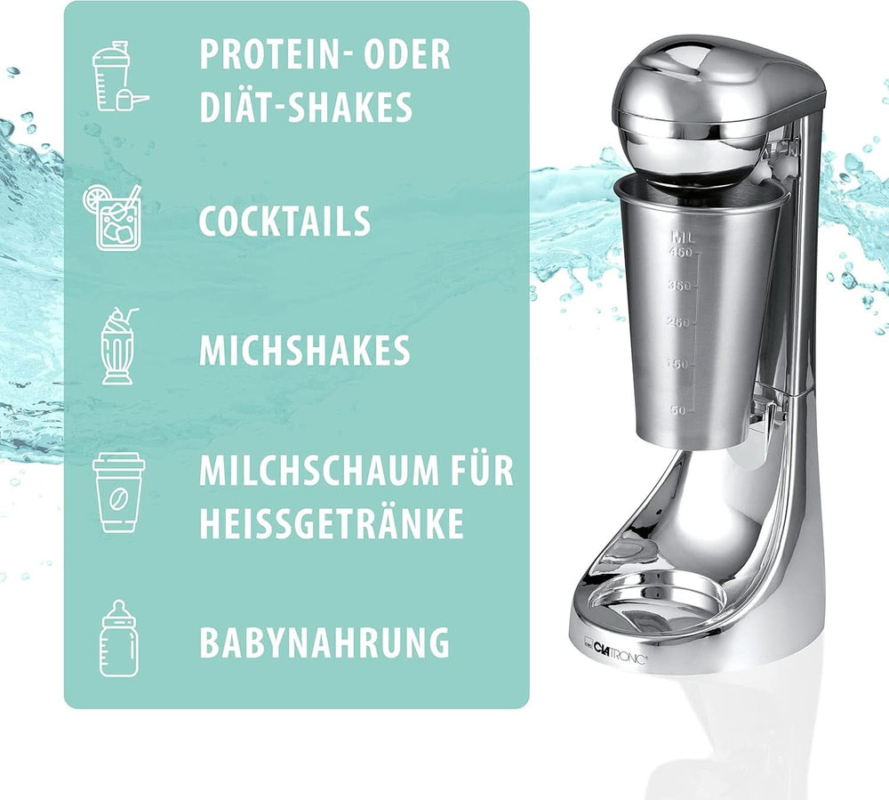 Clatronic® Barmixer U. Milchaufschäumer | Smoothie-Maker | 650 ml Edelstahlbehälter | Praktischer Becherhalter | Mixer | 2 Geschwindigkeitsstufen | Kraftvoller 65-Watt-Motor | Chromdesgin | BM 3472 Küche Naty Shop